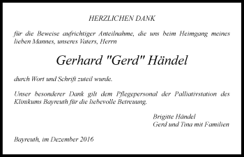 Anzeige von Gerhard Händel von Nordbayerischer Kurier