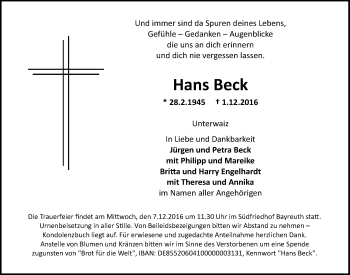 Anzeige von Hans Beck von Nordbayerischer Kurier