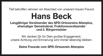 Anzeige von Hans Beck von Nordbayerischer Kurier