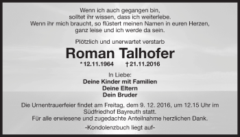 Anzeige von Roman Talhofer von Nordbayerischer Kurier