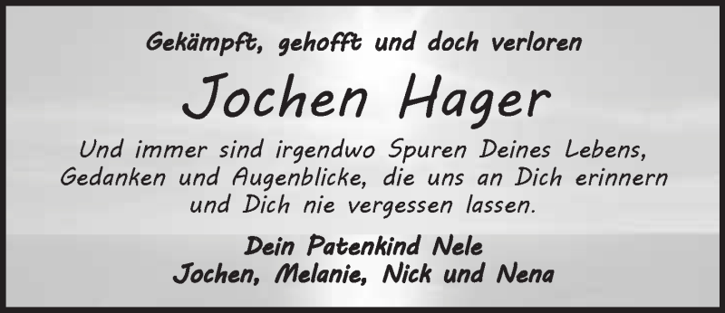 Traueranzeige für Jochen Hager vom 20.02.2016 aus Nordbayerischer Kurier
