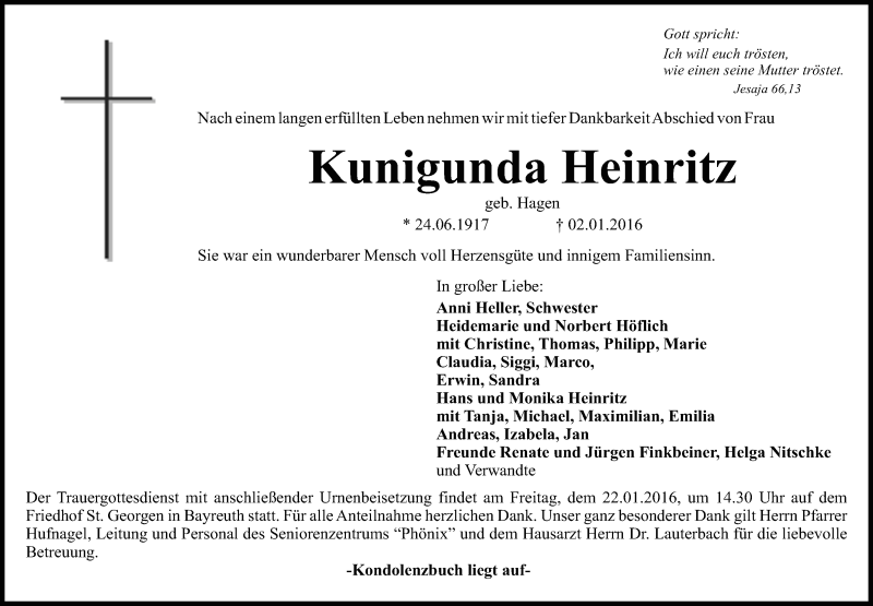  Traueranzeige für Kunigunda Heinritz vom 18.01.2016 aus Nordbayerischer Kurier