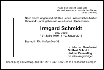 Anzeige von Irmgard Schmidt von Nordbayerischer Kurier