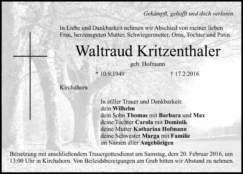  Traueranzeige für Waltraud Kritzenthaler vom 18.02.2016 aus Nordbayerischer Kurier