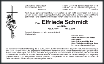 Anzeige von Elfriede Schmidt von Nordbayerischer Kurier