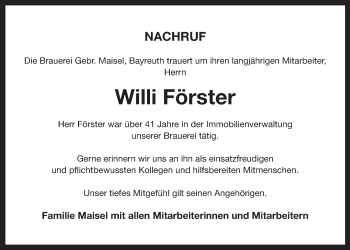 Anzeige von Willi Förster von Nordbayerischer Kurier