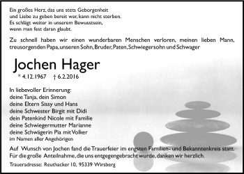 Anzeige von Jochen Hager von Nordbayerischer Kurier