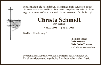 Anzeige von Christa Schmidt von Nordbayerischer Kurier