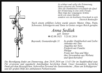 Anzeige von Anna Sedlak von Nordbayerischer Kurier