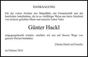 Anzeige von Günter Hackl von Nordbayerischer Kurier