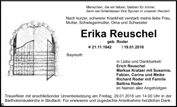 Anzeige von Erika Reuschel von Nordbayerischer Kurier