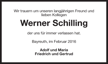 Anzeige von Werner Schilling von Nordbayerischer Kurier