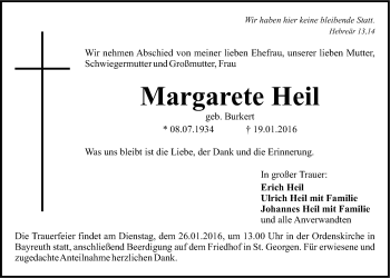 Anzeige von Margarete Heil von Nordbayerischer Kurier