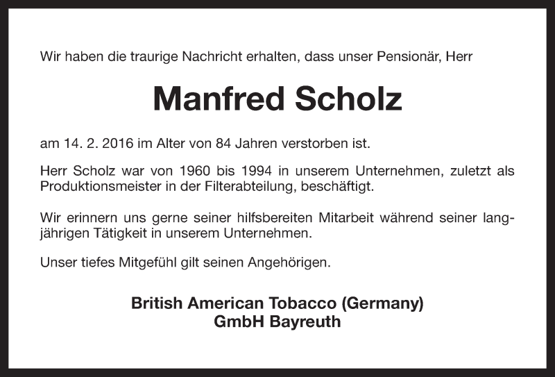  Traueranzeige für Manfred Scholz vom 25.02.2016 aus Nordbayerischer Kurier