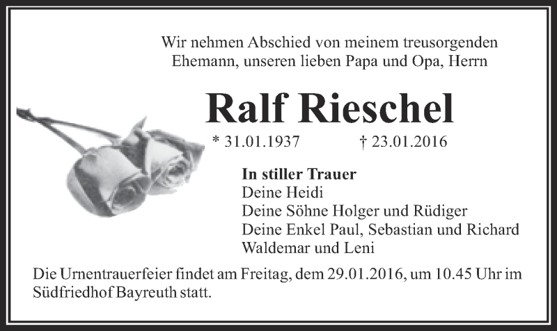  Traueranzeige für Ralf Rieschel vom 27.01.2016 aus Nordbayerischer Kurier