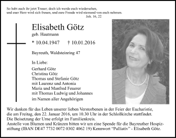 Anzeige von Elisabeth Götz von Nordbayerischer Kurier