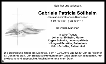 Anzeige von Gabriele Patricia Söllheim von Nordbayerischer Kurier
