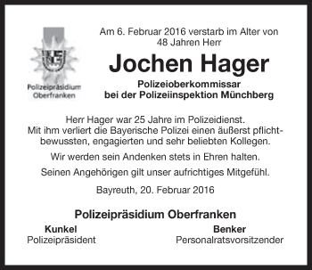 Anzeige von Jochen Hager von Nordbayerischer Kurier
