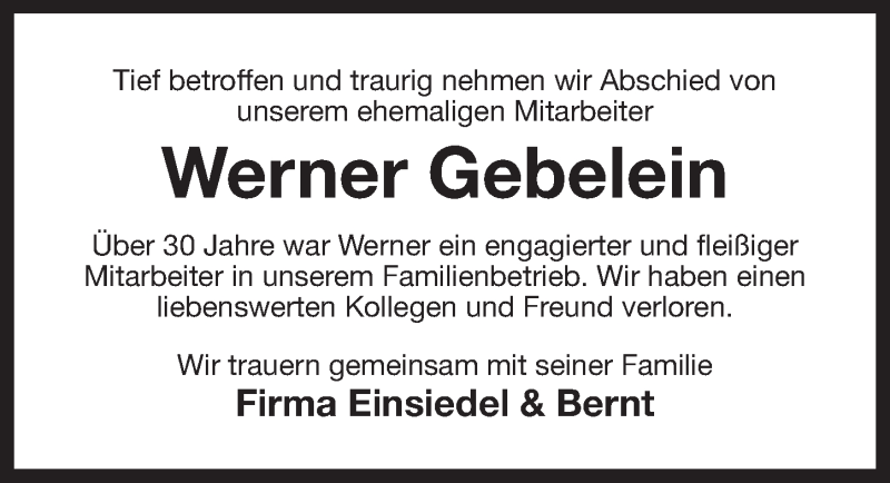  Traueranzeige für Werner Gebelein vom 26.01.2016 aus Nordbayerischer Kurier