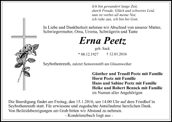 Anzeige von Erna Peetz von Nordbayerischer Kurier