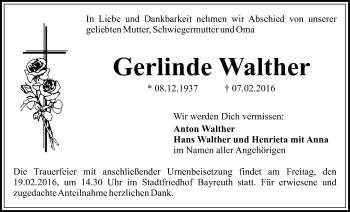 Anzeige von Gerlinde Walther von Nordbayerischer Kurier
