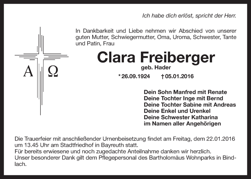  Traueranzeige für Clara Freiberger vom 20.01.2016 aus Nordbayerischer Kurier
