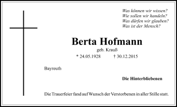 Anzeige von Berta Hofmann von Nordbayerischer Kurier