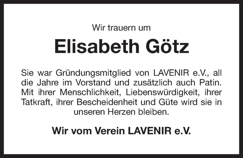  Traueranzeige für Elisabeth Götz vom 22.01.2016 aus Nordbayerischer Kurier