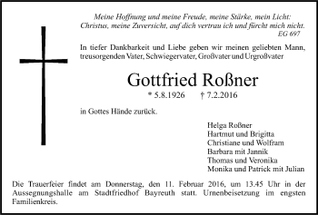 Anzeige von Gottfried Roßner von Nordbayerischer Kurier