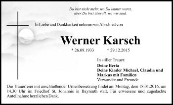 Anzeige von Werner Karsch von Nordbayerischer Kurier