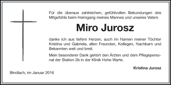 Anzeige von Miroslav Jurosz von Nordbayerischer Kurier