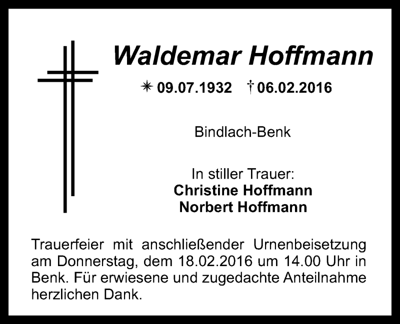  Traueranzeige für Waldemar Hoffmann vom 13.02.2016 aus Nordbayerischer Kurier