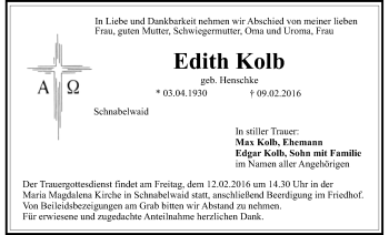 Anzeige von Kolb Edith von Nordbayerischer Kurier