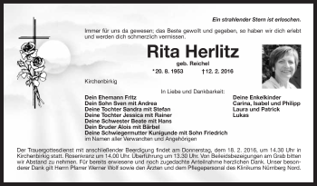 Anzeige von Rita Herlitz von Nordbayerischer Kurier