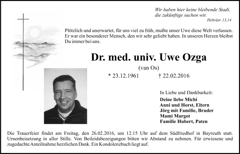  Traueranzeige für Uwe Ozga vom 24.02.2016 aus Nordbayerischer Kurier