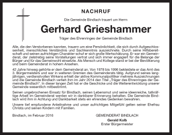 Anzeige von Gerhard Grieshammer von Nordbayerischer Kurier