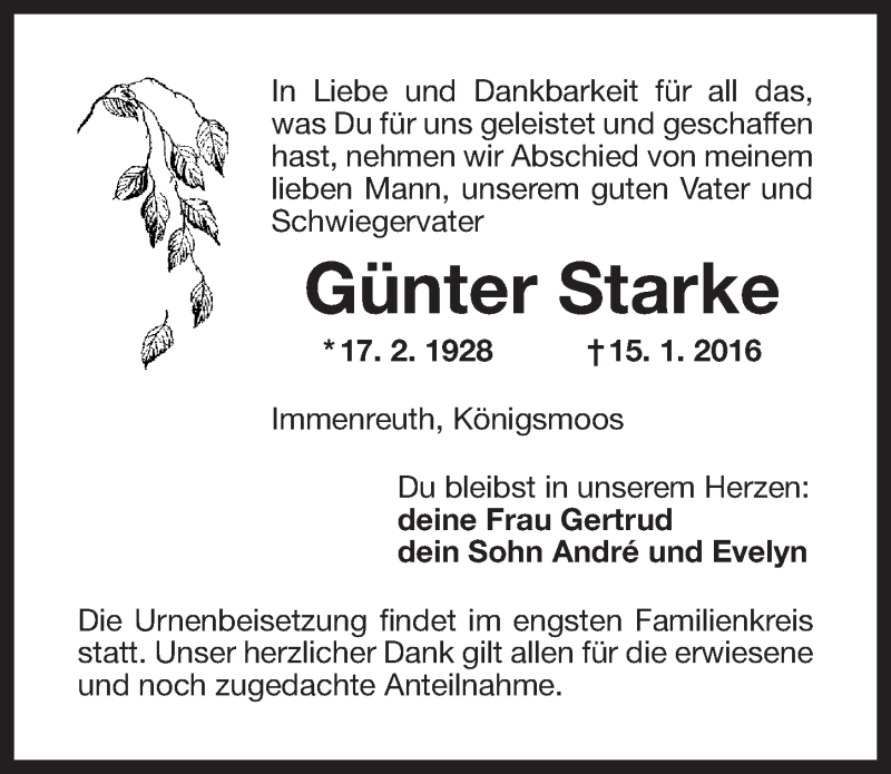  Traueranzeige für Günter Starke vom 21.01.2016 aus Nordbayerischer Kurier