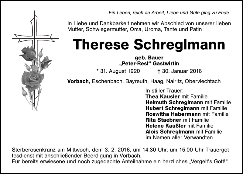  Traueranzeige für Therese Schreglmann vom 02.02.2016 aus Nordbayerischer Kurier