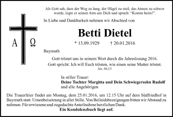 Anzeige von Betti Dietel von Nordbayerischer Kurier