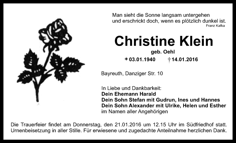  Traueranzeige für Christine Klein vom 19.01.2016 aus Nordbayerischer Kurier