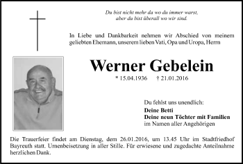 Anzeige von Werner Gebelein von Nordbayerischer Kurier