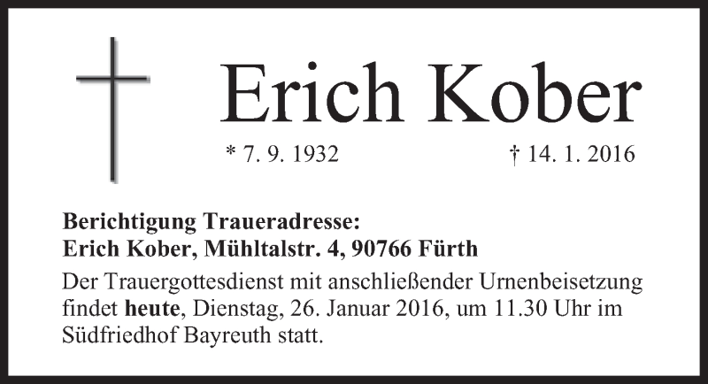  Traueranzeige für Erich Kober vom 26.01.2016 aus Nordbayerischer Kurier