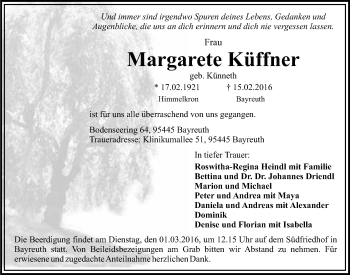 Anzeige von Margarete Küffner von Nordbayerischer Kurier