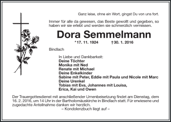 Anzeige von Dora Semmelmann von Nordbayerischer Kurier