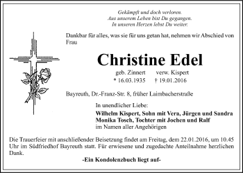 Anzeige von Christine Edel von Nordbayerischer Kurier