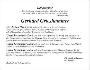 Anzeige von Gerhard Grieshammer von Nordbayerischer Kurier