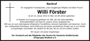 Anzeige von Willi Förster von Nordbayerischer Kurier
