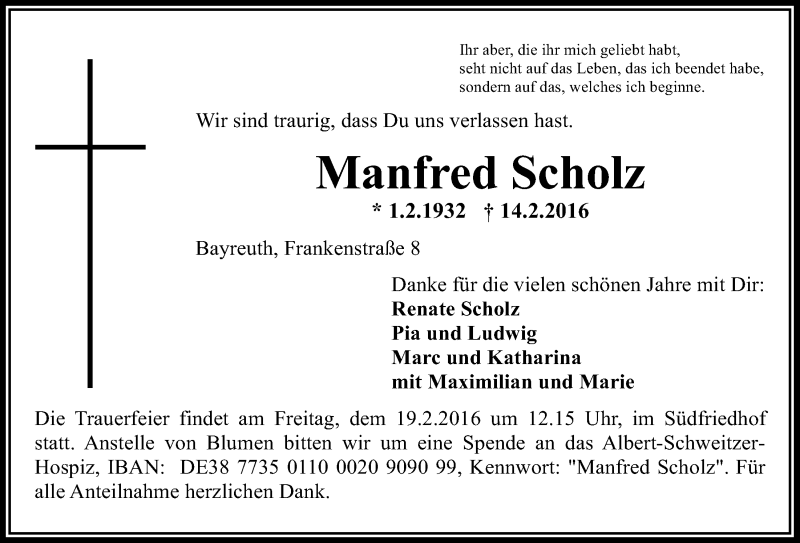  Traueranzeige für Manfred Scholz vom 17.02.2016 aus Nordbayerischer Kurier
