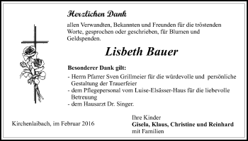 Anzeige von Lisbeth Bauer von Nordbayerischer Kurier