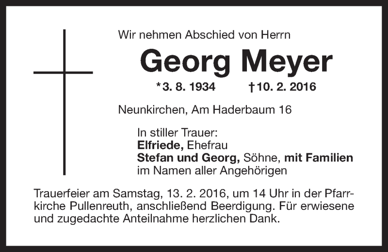  Traueranzeige für Georg Meyer  vom 12.02.2016 aus Nordbayerischer Kurier